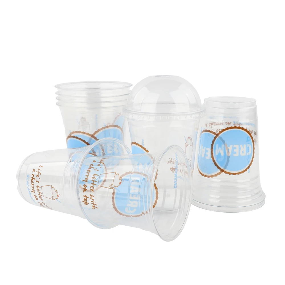 Vasos plastico Custom Disposable Pet Plastic Bubble Milk Tea Smoothie Desert Cup With Lid And Spoon