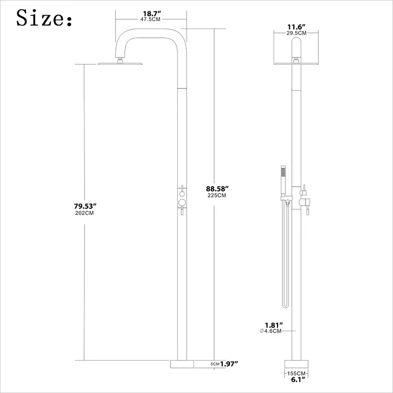 Freestanding Outdoor Shower Set Brushed Nickel Stainless Steel Column Dual Handles Swimming Pool Beach Garden