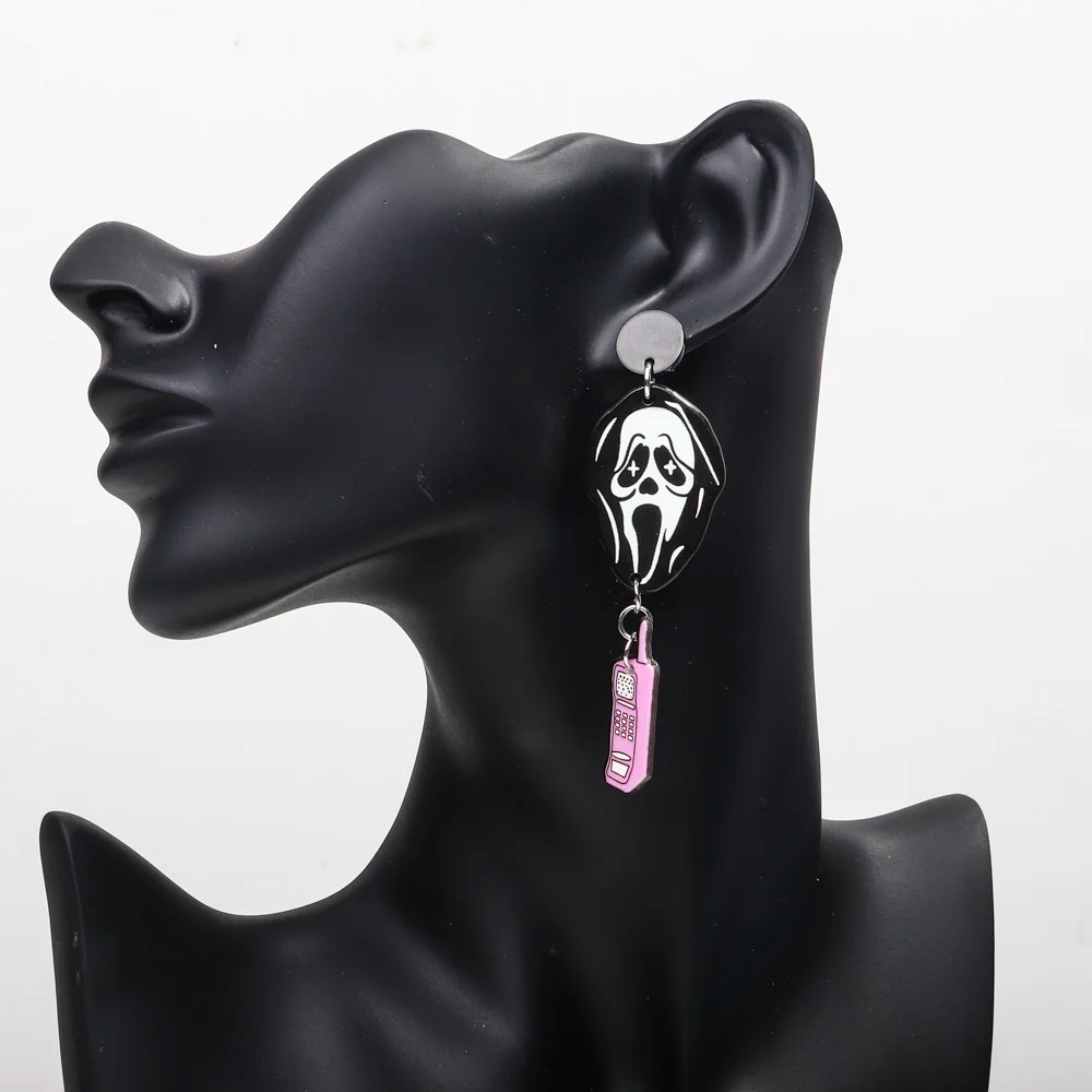 Removable Earrings Phone Dagger Knife Blood Spooky Ghost Skull Halloween New Hip Hop Party Acrylic Drop Earrings for Women