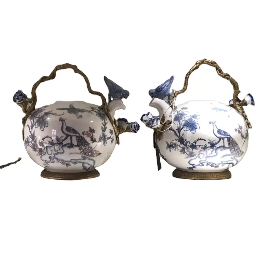 Luxury china blue and white flower and bird design accessories porcelain teapot for home decorations