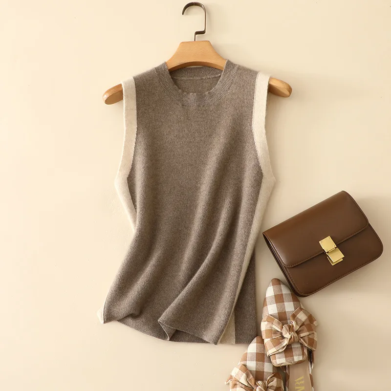 Women Fashion Plain Knit Soft Crew Neck Color Contrast Cashmere Vest