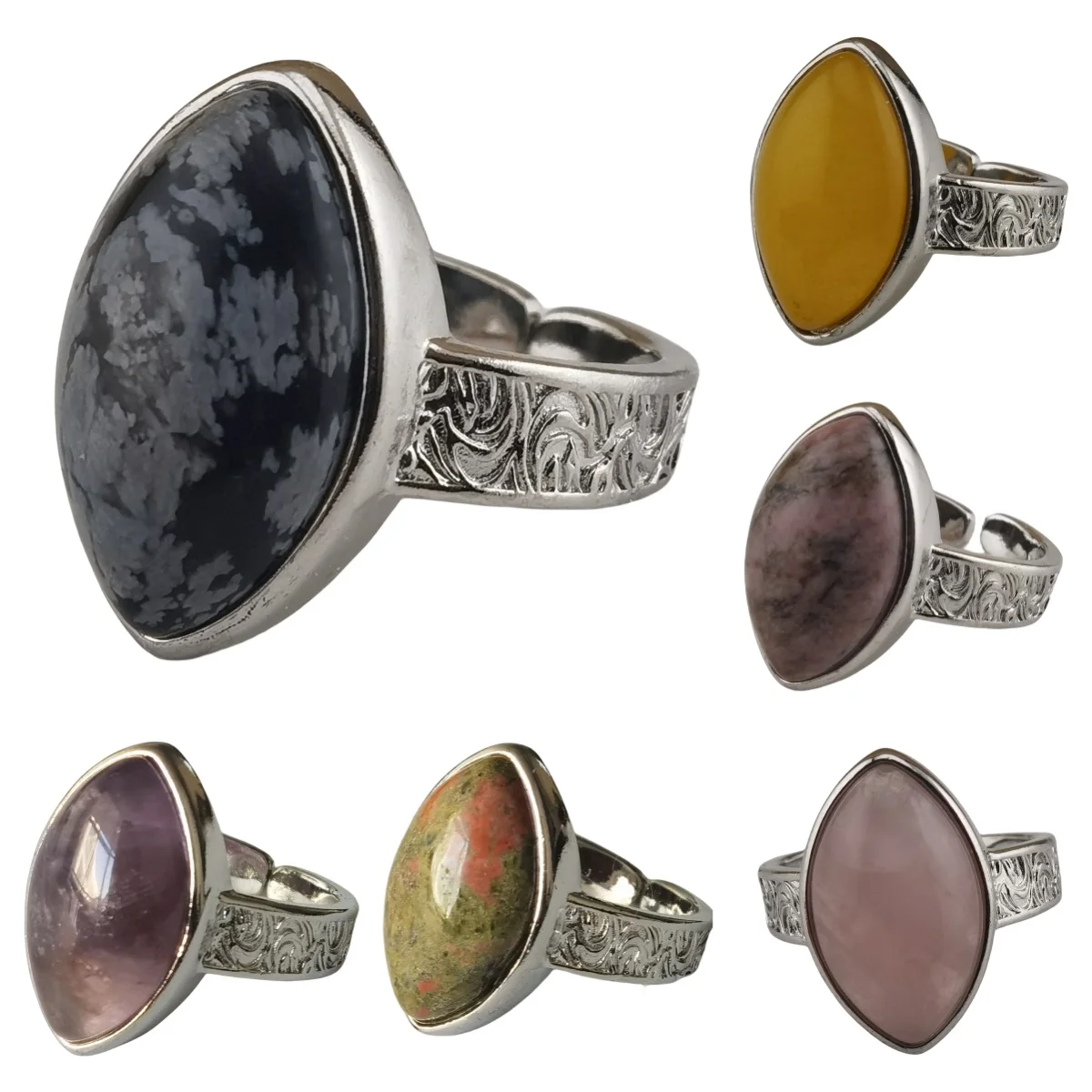 New Arrival Women Man Metal Small Finger Rings Jeweled Colourful Natural Horse Eye Shaped Gemstone Rings