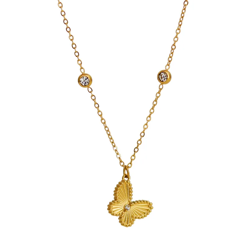 LUCKYDG Waterproof Tarnish free Hypoallergenic Fashion 18K PVD Gold Plated Stainless Steel Zirconia Butterfly Pendant Necklace