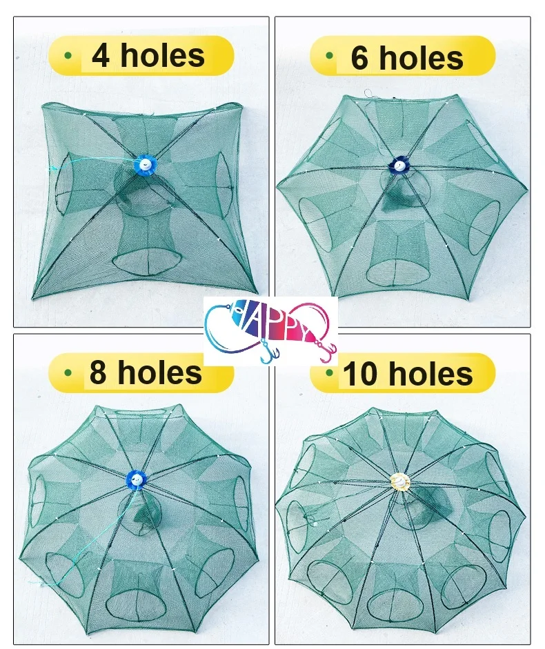 Folded Nylon Trap Net Portable 4-6-8-10-12-16-20-24 Hole Automatic Umbrella Type Fishing Shrimp Crab Trap Fishing Net