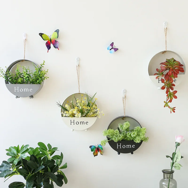 DREA Home decoration Metal Indoor Wall Planters Round Flower Pot wall decorations with LED light