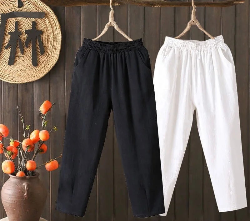 Women Plus Size Pants Ankle Length Solid Color Comfortable Cotton Linen Casual Pants Straight Leg Trousers Womens Trousers