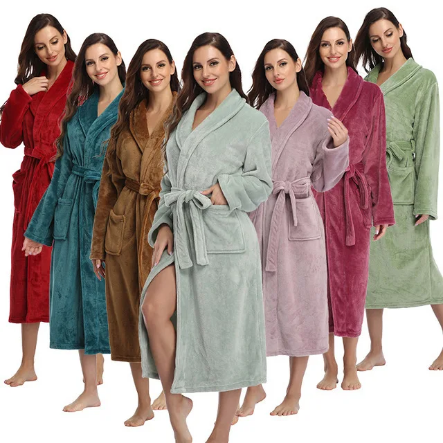 Aoyema Custom Luxury flannel fleece Shawl Collar bathrobes women Robe Sleepwear with Pockets and Waistband