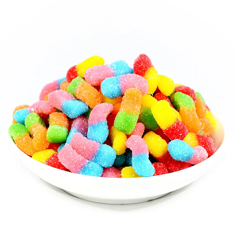 coloful soft Sour sweet delicious halal Cherry Lemon Strawberry Grape Orange Lime Trolli Sour Bite Crawlers Worms shaped Gummy