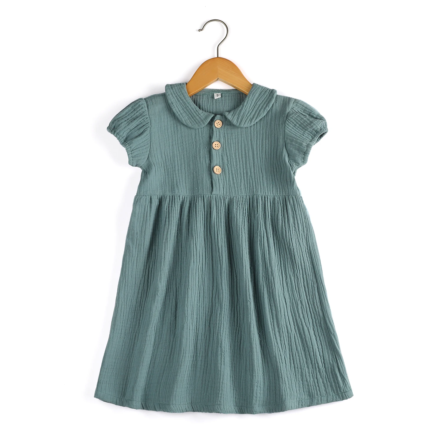 2022 sweet design  Summer peter pan collar blank muslin button down short sleeve smocked casual dress baby girl dress