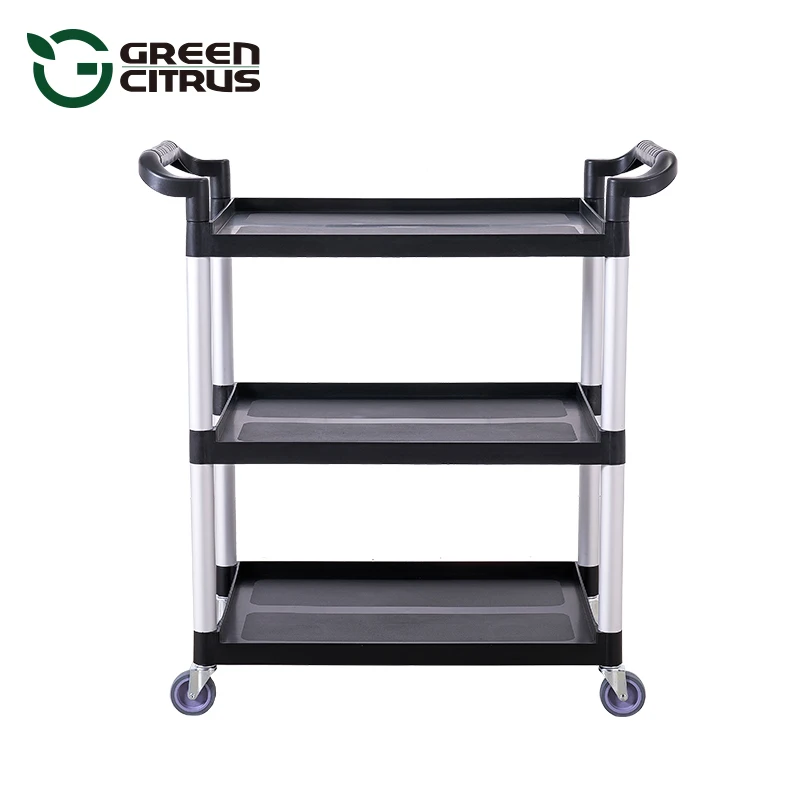 3 Tiers Hospital Cleaning Service Cart with rubbish bin Factory Price school dining room Plastic Food Trolley Cart Wholesale