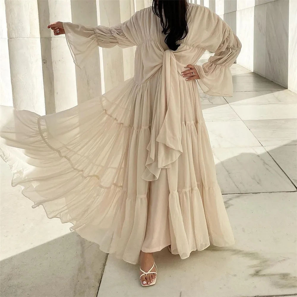 New Design Ruffle Hem Dubai Turkey Fashion Long Sleeve Light Pearl Chiffon Elegant Muslim Woman Open Abaya Kimono Dress