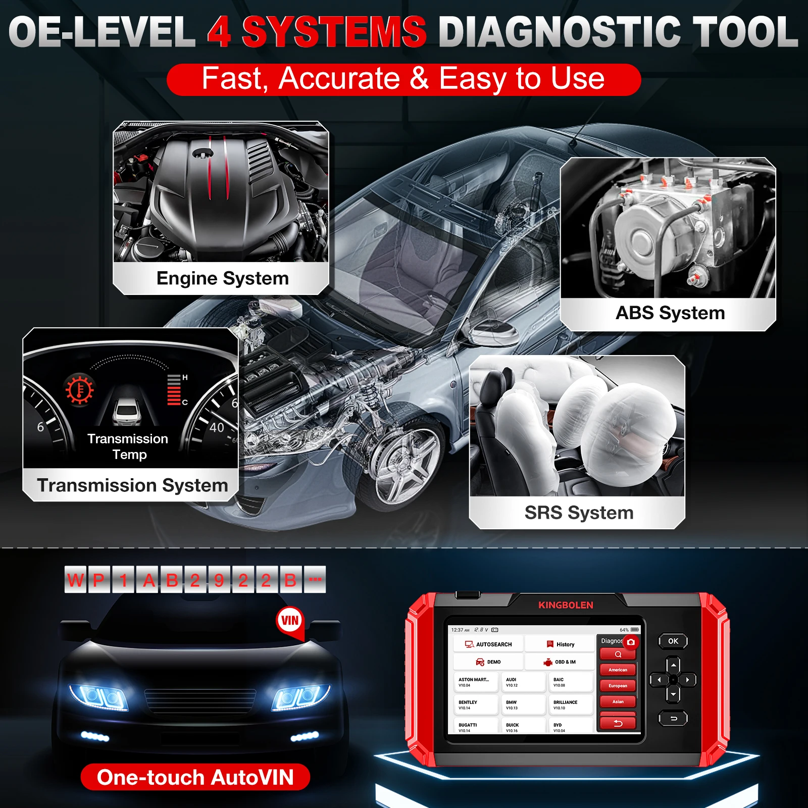 Kingbolen S500 автомобильный диагностический инструмент OBD2 с 4 системами ABS SRS ECM TCM PK CRP123X