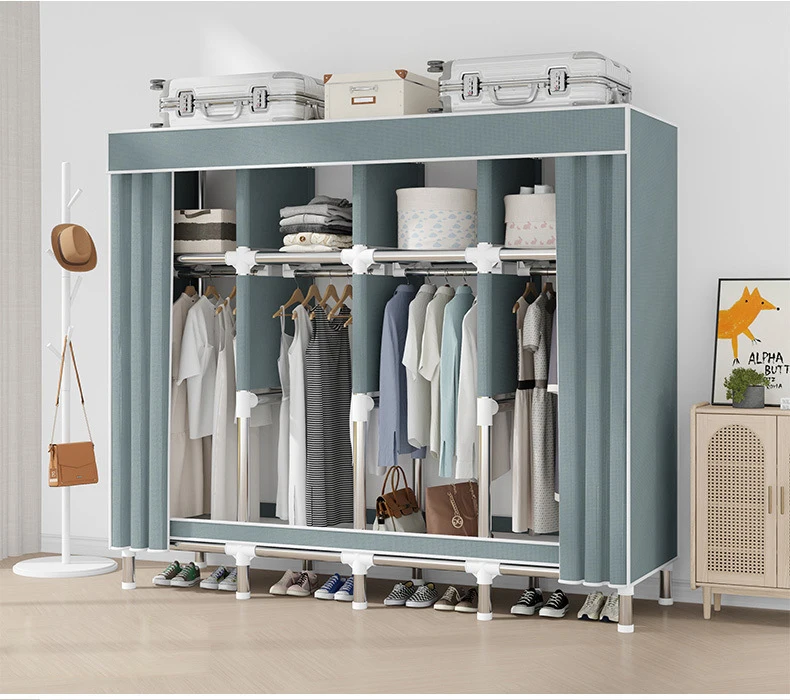 Bedroom Clothes Organizer Portable Non Woven Folding Wardrobe Metal Frame Multi Purpose Kids Wardrobe