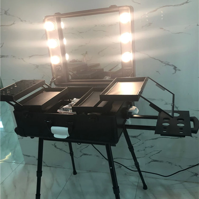 portable 24inch makeup carry case make up travel trolley rolling cosmetic mirror lights box with 6 bulbs