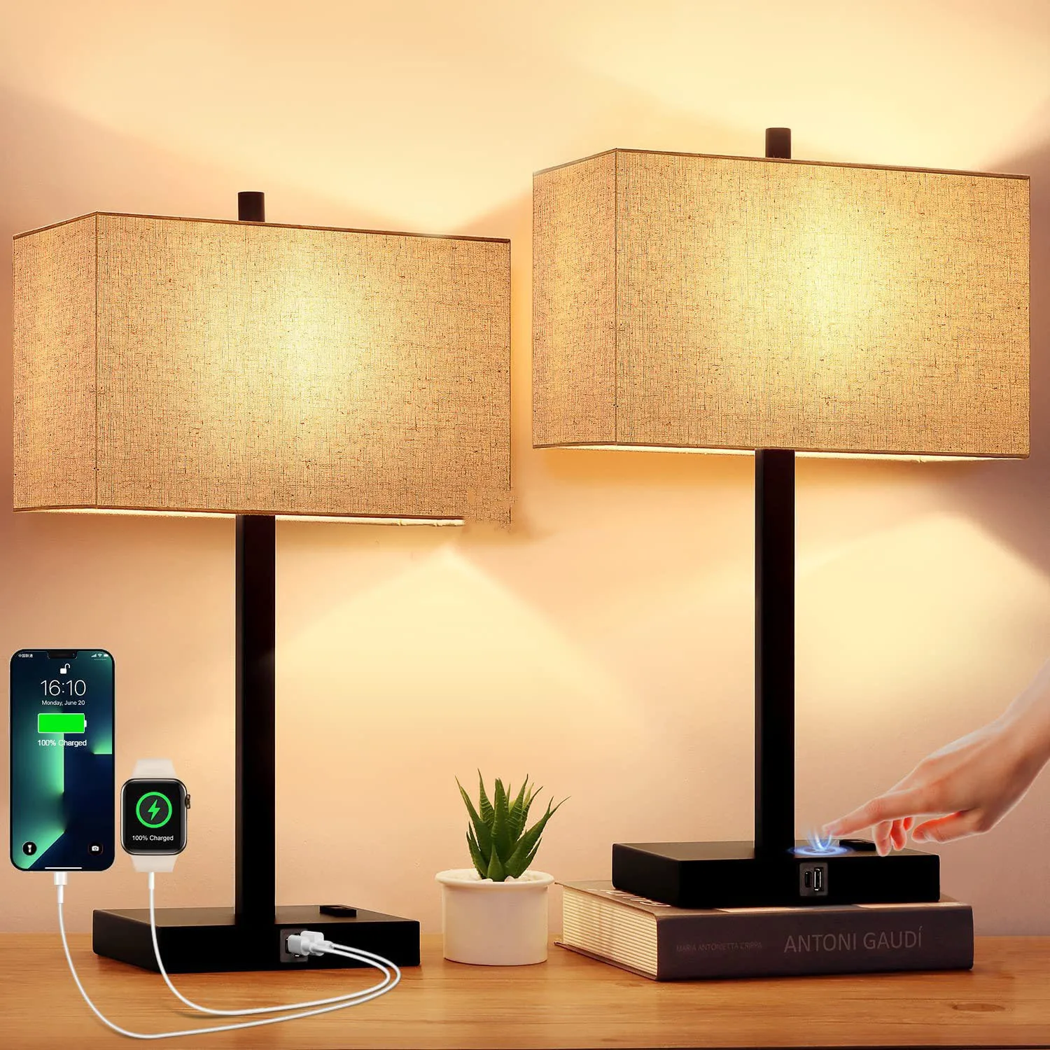 American standard 110V linen table lamp USB interface AC socket living room study bedroom bed three dimming table lamp