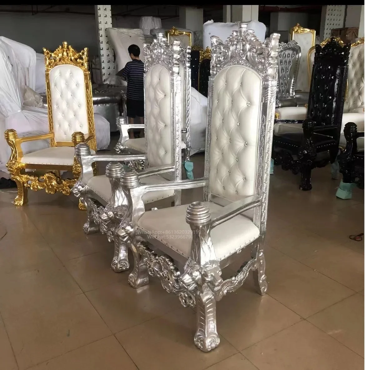 Luxury Antique High Back Throne Chair in Classical Gold/Silver Wood Carving White Leather Hotels Living Rooms Bars Entrances