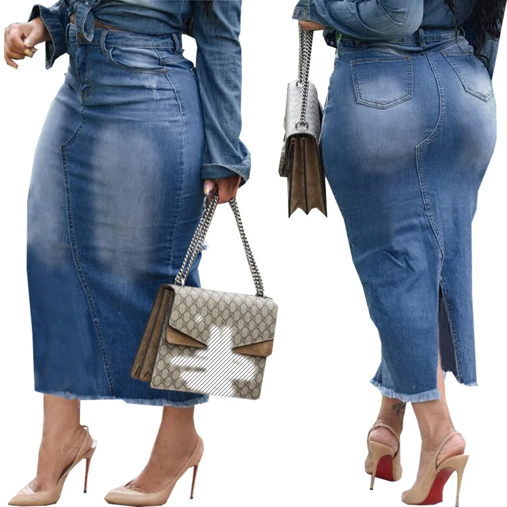 Women Denim Split Pencil Skirts Women Long Summer Stone Washed Jeans Raw Hem Denim Maxi Skirt