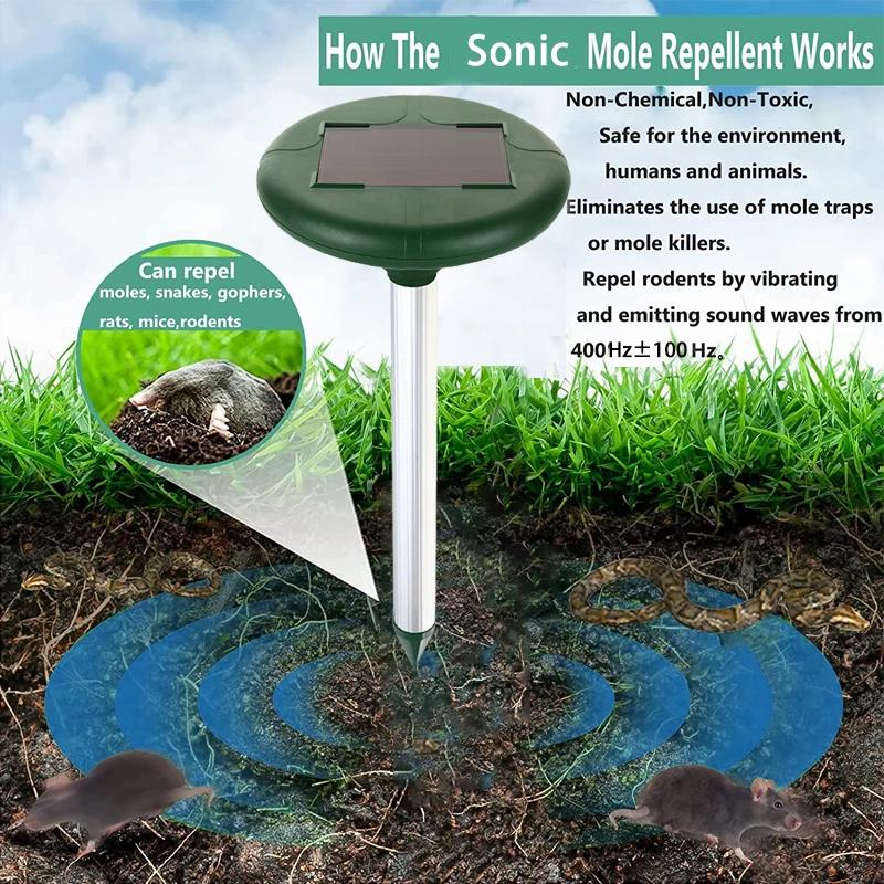 Solar Voice Control Sonic Mole Deterrent Spikes Snake Vole Gopher Repellent Groundhog Deterrent Vibration Stake for Lawn Yard