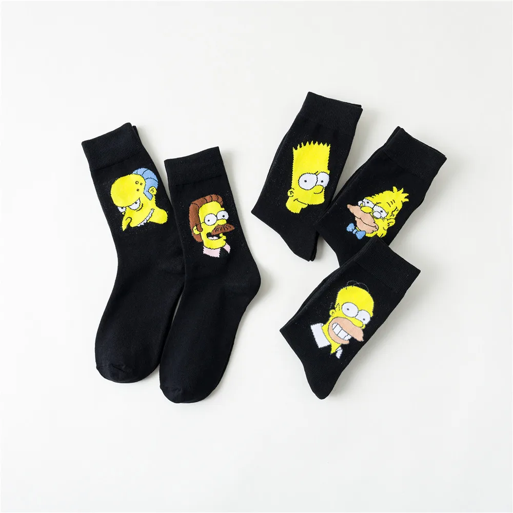 
2020 New Design Black Cartoon Socks Simpson Print Cotton Socks for Women Anime Crew Socks Wholesale 