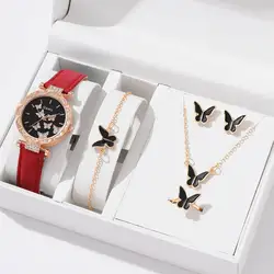 6pcs Luxury Watch Women Ring Necklace Earrings Bracelet Set Watches Butterfly Leather Strap Ladies Quartz WristWatch