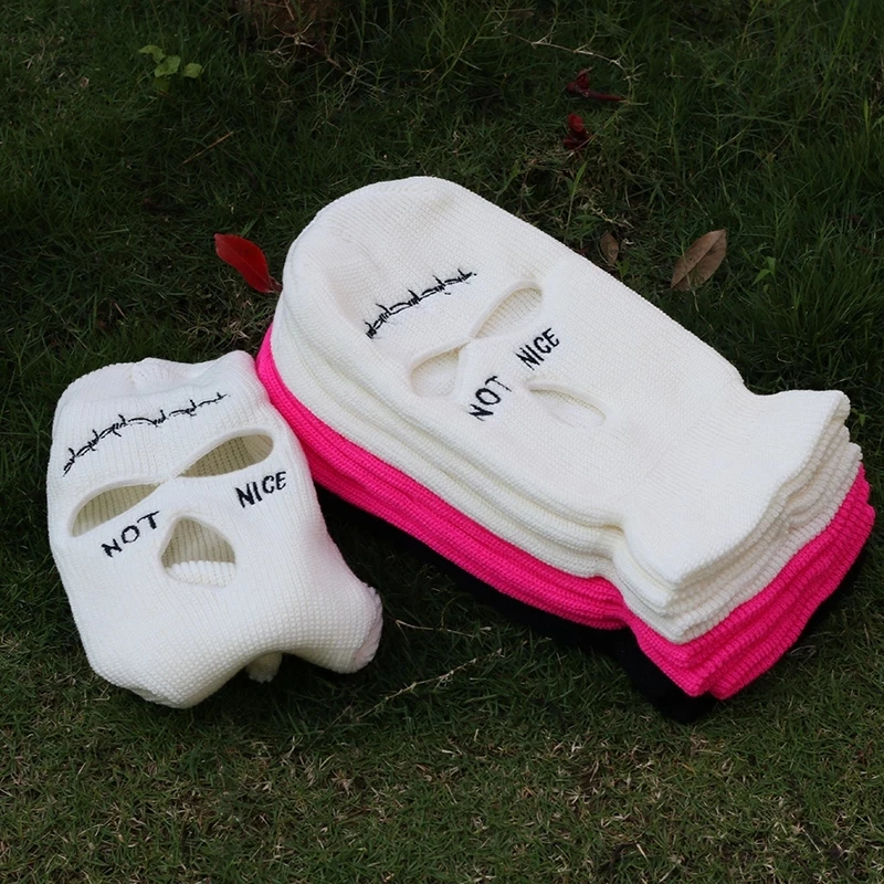 Wholesale Custom Quality Designer  Knitted Embroidery Full Face Cover 3 Hole Balaclava Ski Mask Winter Beanie Hat For Men Women