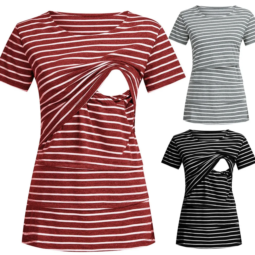 
Women Maternity Breastfeeding Tee Nursing Tops Striped Short Sleeve T-shirt Plus Size S-3XL Maternity Clothing Tees 