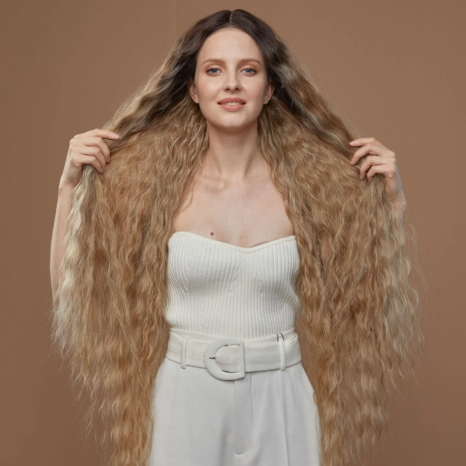 Noble Natural Long Curly 42Inch Blonde Ombre Lace Front Wig With Baby Hair For Black Women Synthetic Lace Front Wigs