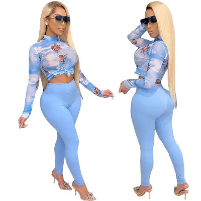 
Angel Print Mock Neck Long Sleeve Fitted Crop Top Two Piece Set Women Clothing 