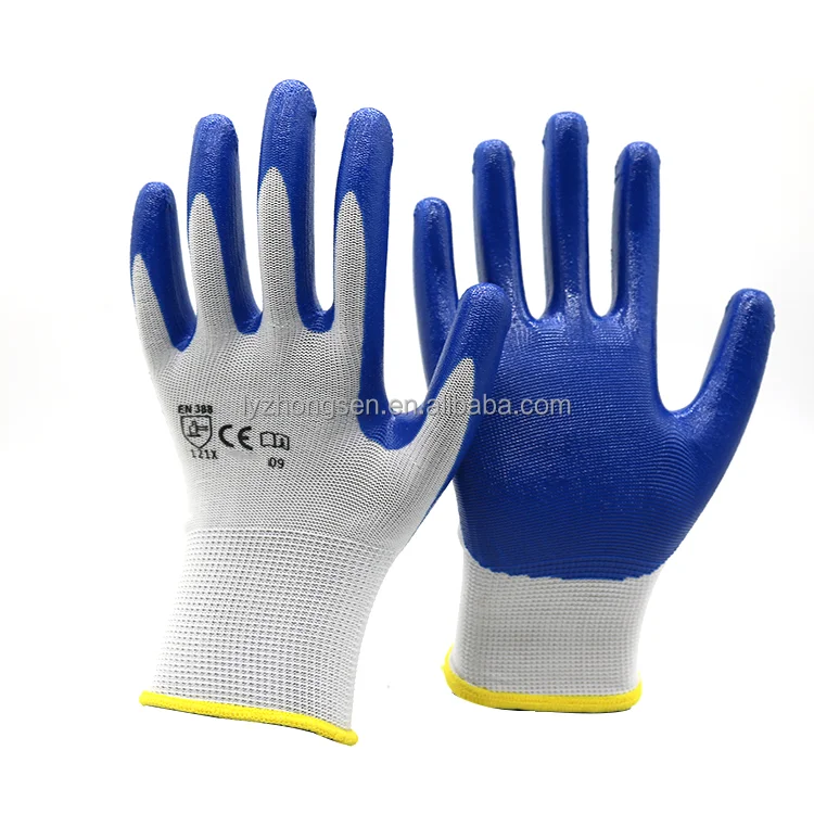 Cheap 13G Blue Polyester Knit Work Nylon Nitrile Coated Gloves