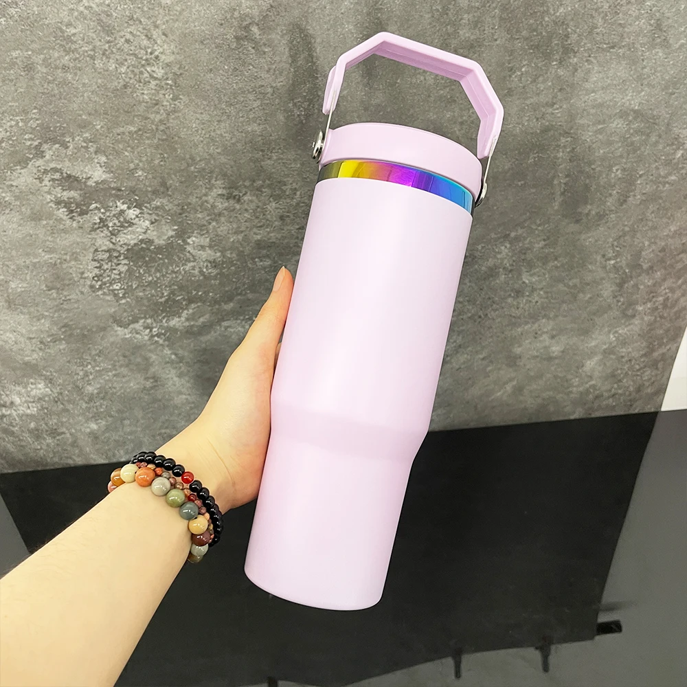 Hot sell portable 30oz sublimation rainbow plated tumbler with flip straw leak proof stainless steel water bottle with handle