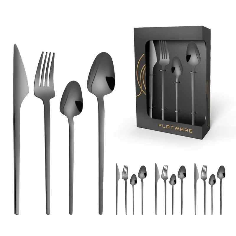 Luxury Mirror Black Restaurant Wedding Portable  16pcs Knife Spoon Fork Flatware Stainless Steel Cutlery Set With window Box