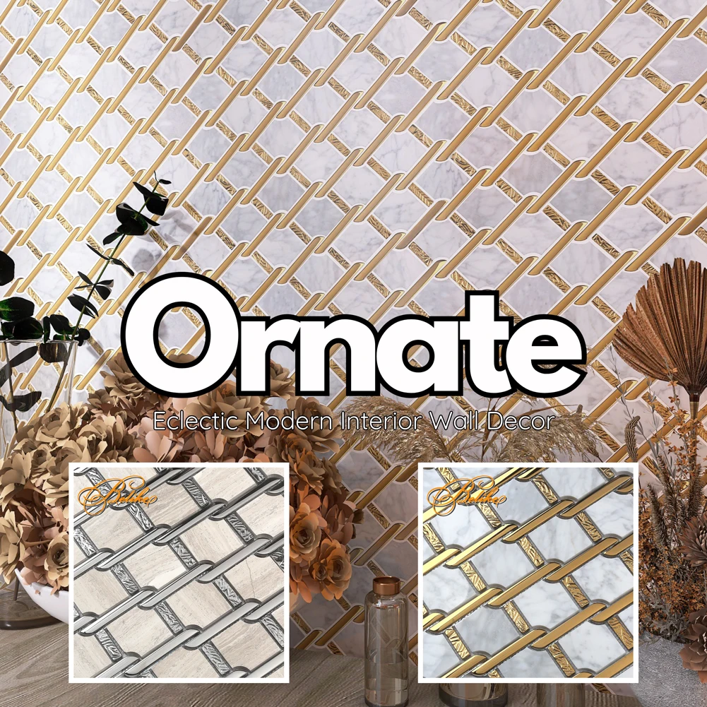 Chic Trapezoid Marble Mosaic Wall Tile Elegantly Trimmed with Golden Silver Strip Interior Accent Facade Feature Hotel Penthouse