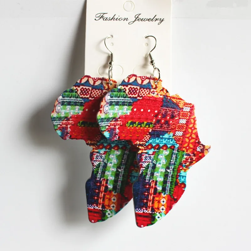 Wholesales Fashion Drop Painted Africa Wooden African Map Earings For Women