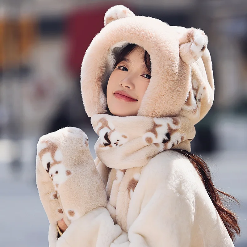 Warm Soft Scarf Snood Pocket Hats Hooded Funny Plush Hat For Women