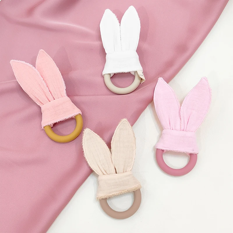 Baby accessories Organic Cotton Muslin Teething Ring Baby Silicone Ring With Cloth Teether