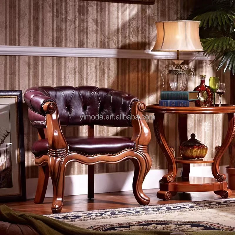 American Vintage Wooden Antique Upholstered Luxury chesterfield brown leather Accent Carved Chairs