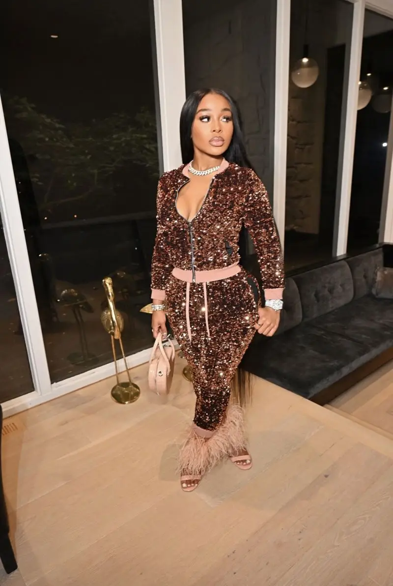 YP New arrival shiny diamond sequins rhinestone thread contrast  Sweatpants And Crop top Two Piece Jogging Set for women