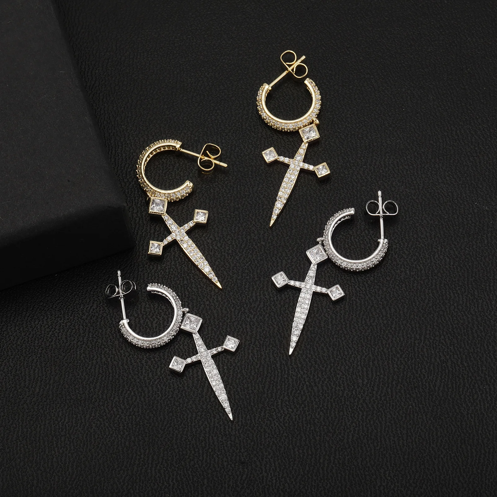 Unisex Hip Hop Dangle Earrings: Bling Ice Out Sword Cross - Rapper Jewelry