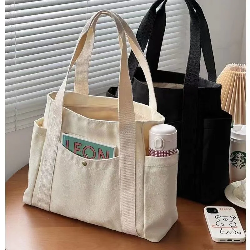 Custom Logo Size Printed Eco Friendly Canvas Shopping Bag with Multiple Pocket Cotton Plain Tote Bags for Women Shoulder Grocery