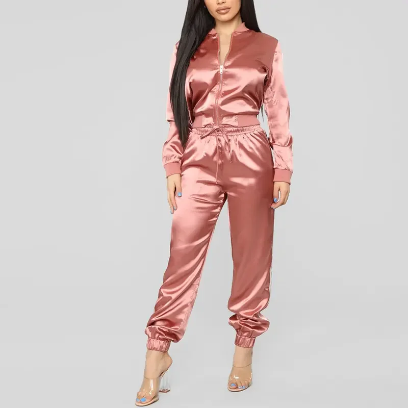 2023 Satin Long Sleeve Jacket Lounge Set Tracksuit Drawstring Two Piece for Women Adults Autumn Jogging Sets