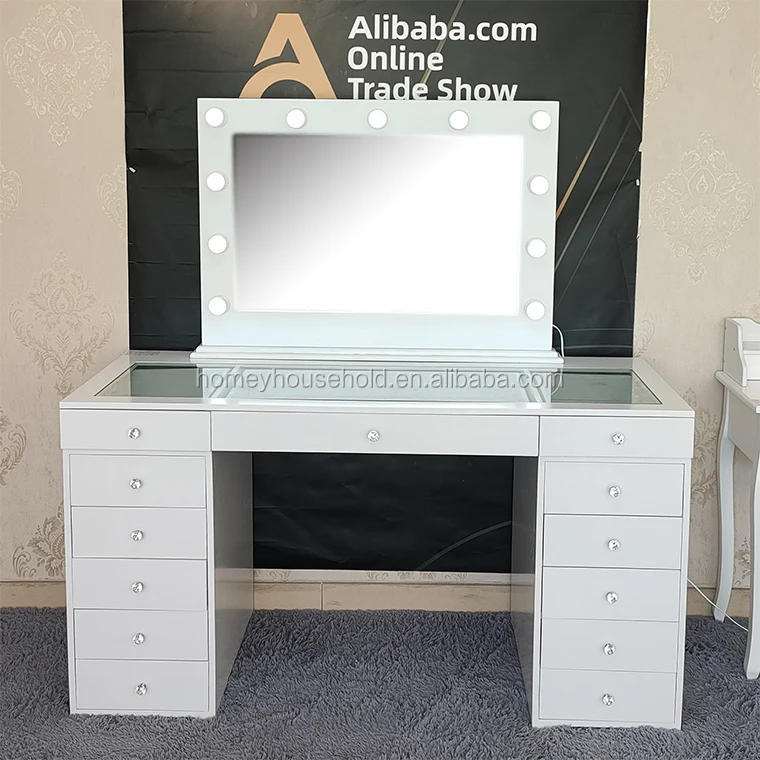 
2020L makeup working table dressing table with drawers wooden vanity table with led mirrors bathroom hair styles lighted mirror 