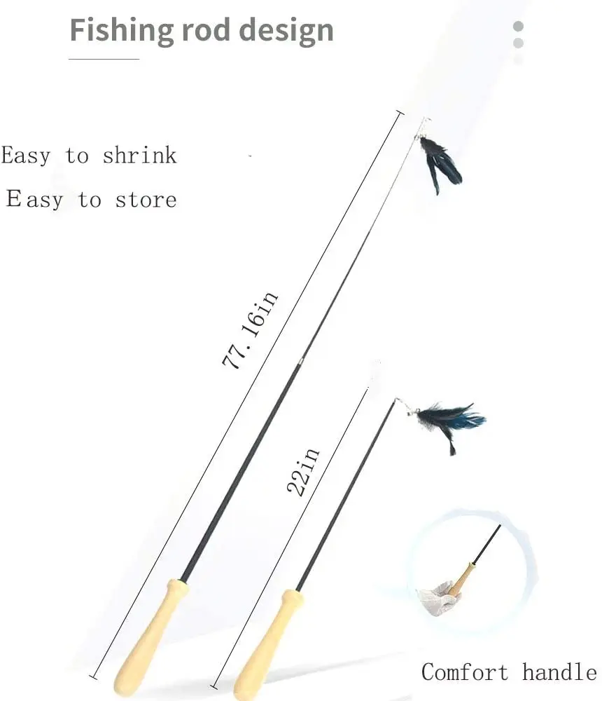 Fishing Rod Design Retractable Wand Stick Teasery feather Interactive Pet Cat Teaser Stick Toys With Soft Handle