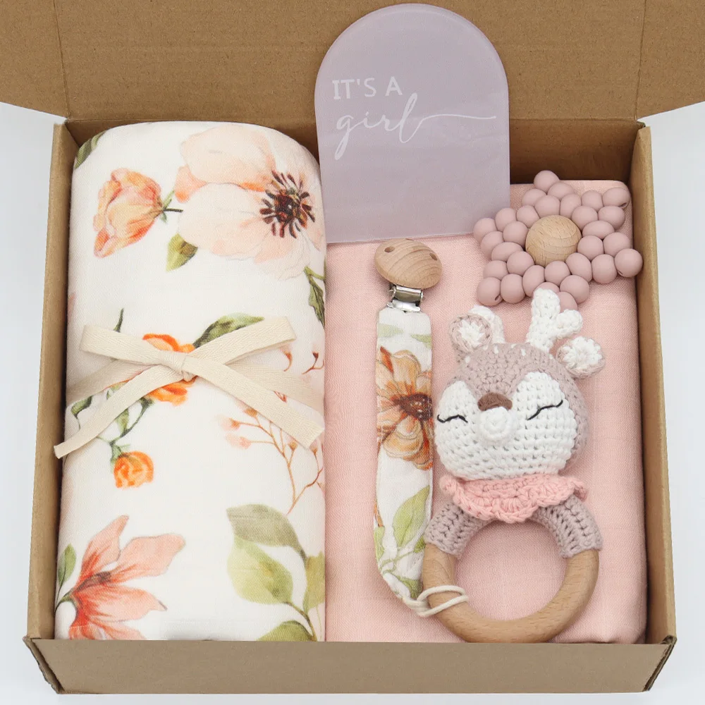 2023 New Baby Muslin Swaddle Blanket Set Bamboo Cotton 47*47 inches Floral Printed Newborn Wraps toys brush Set