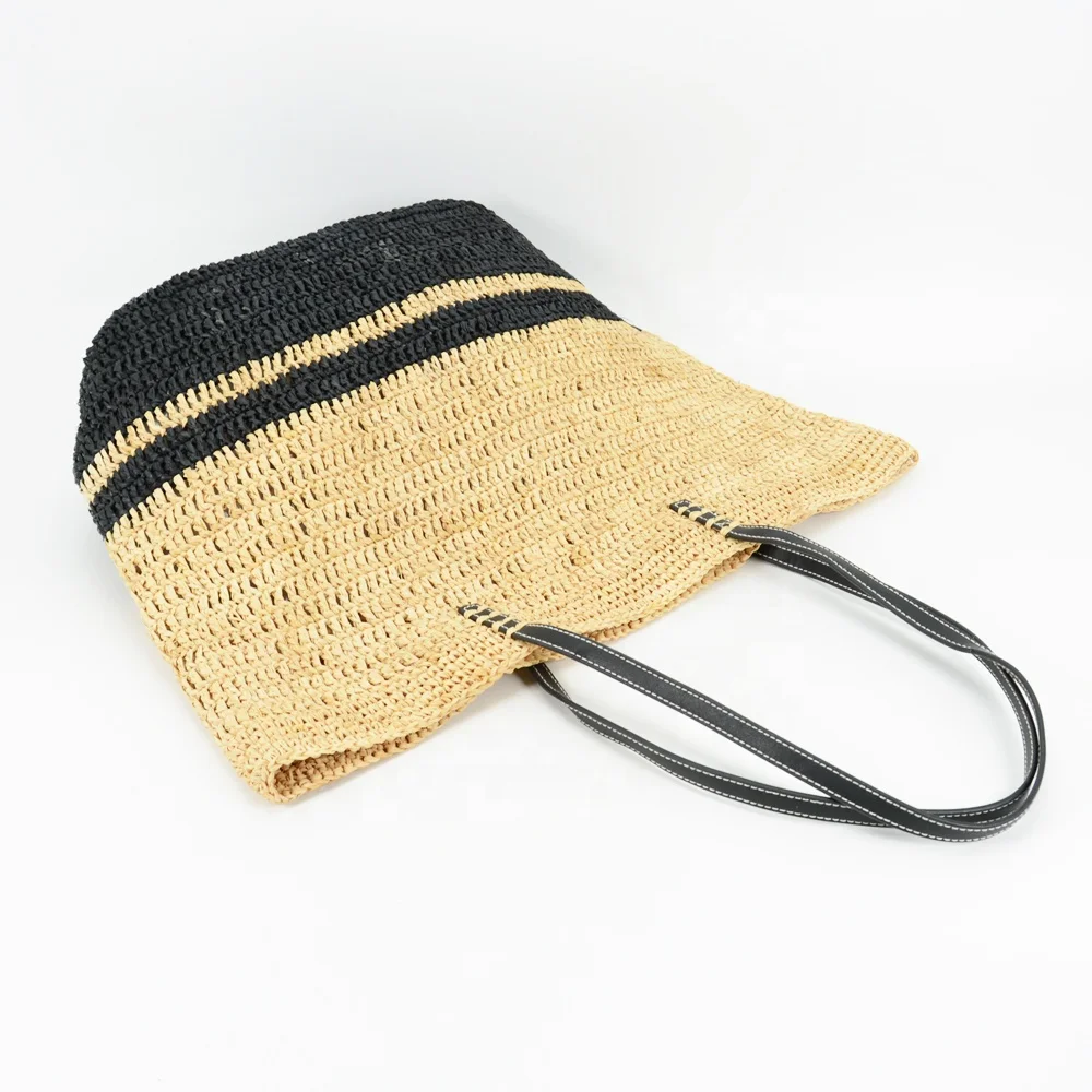 Straw Raffia Beach Tote Bag with black leather handles raffia straw from Madagascar