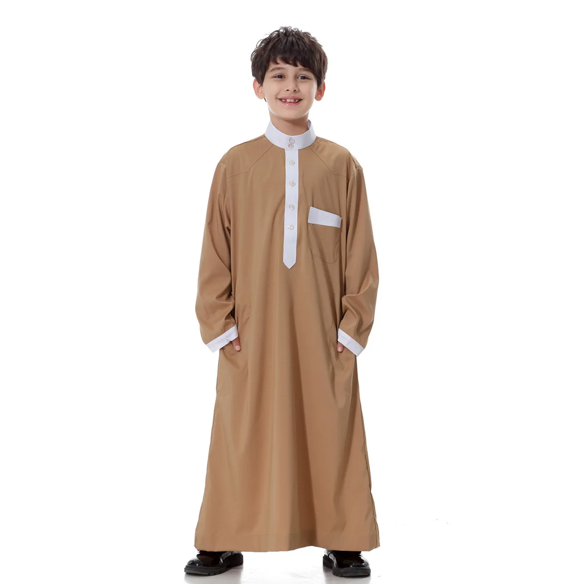 Modern Traditional Khamis Arab Islamic kids Thobe Long length Customized fabric kids Al Daffah Custom Chest pocket patch