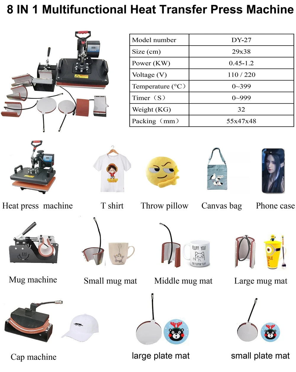 Press heat machine 8 in 1 Sublimation Machine for Mug t-shirt plate printer cap machine with CE certificate
