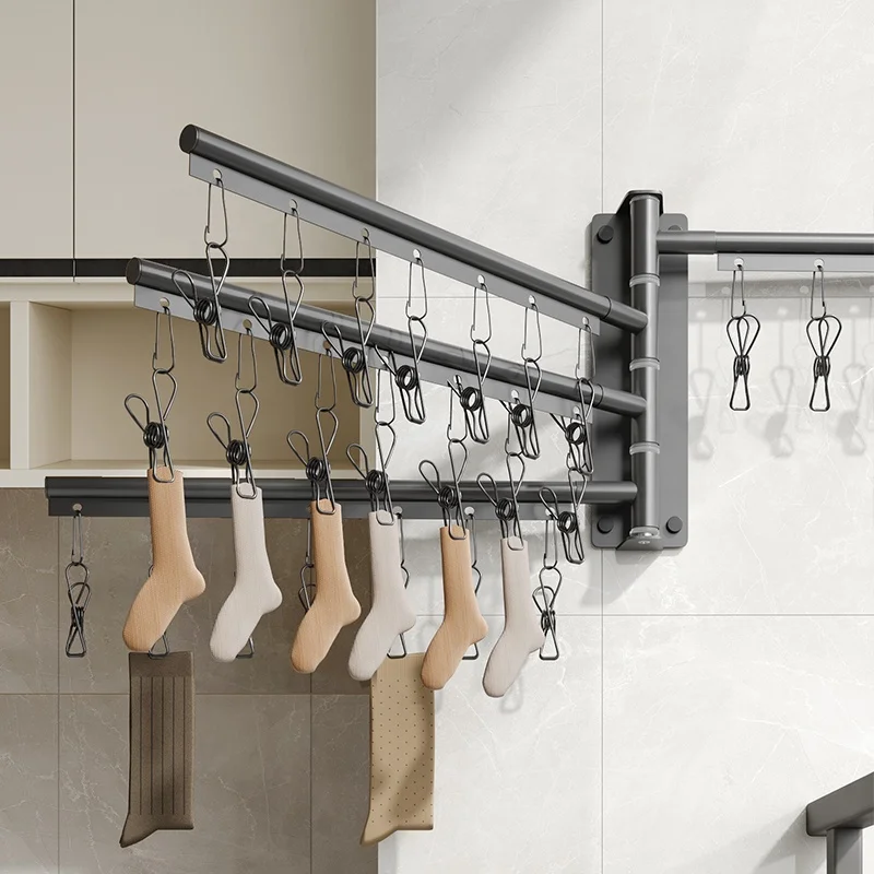 Gun Grey Wall Mounted Retractable Bracket Space Aluminum Sock Drying Towel Rack Folding White