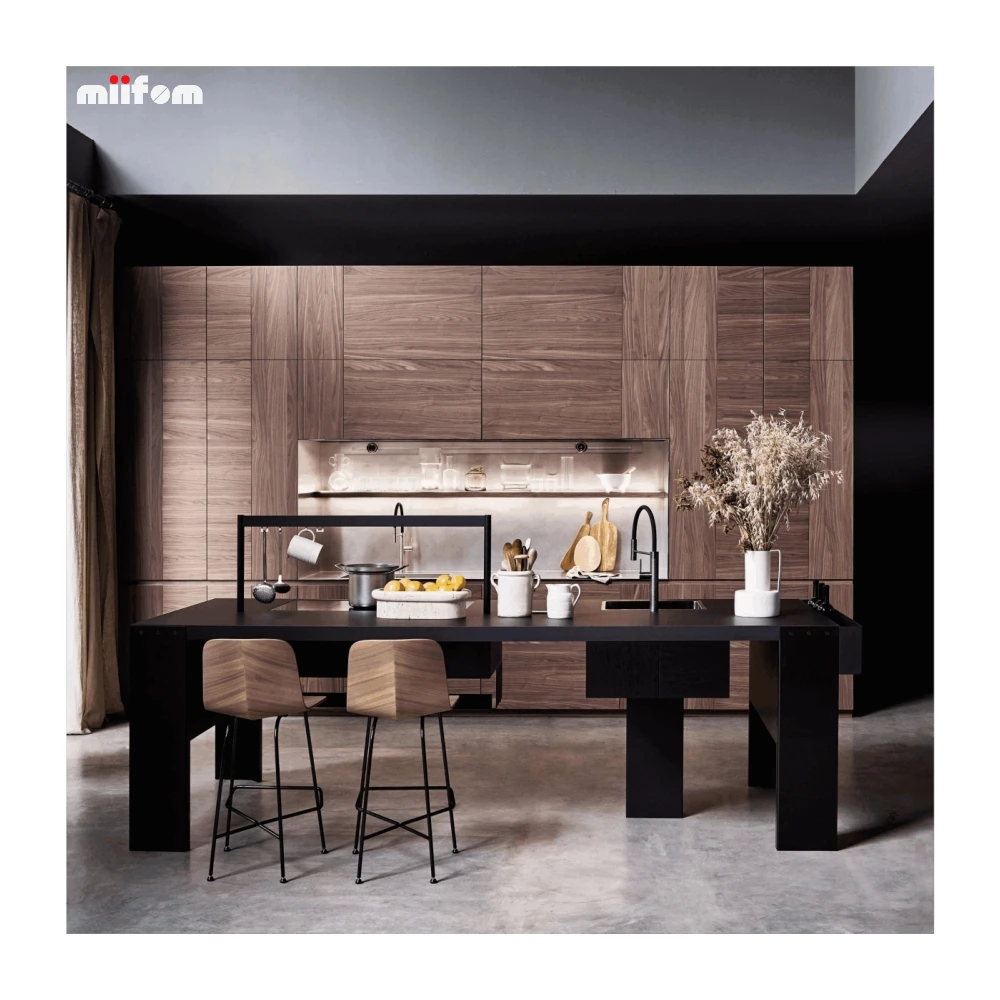 Dark Wood Grain Simple Kitchen Cabinet Modern Style Overall Cabinet Handle Free