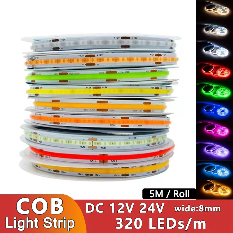 5m 10m DC 12V 24V COB Flex Light Strip 320 LEDs/m Single Color White Warm Natural Red Green Ice Blue Pink Purple Golden Yellow