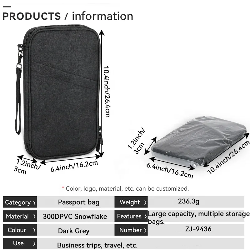 Custom Large Capacity 300D Snowflake Polyester Travel Certificate Bags Waterproof Durable Family Use Built-in Passport Holder